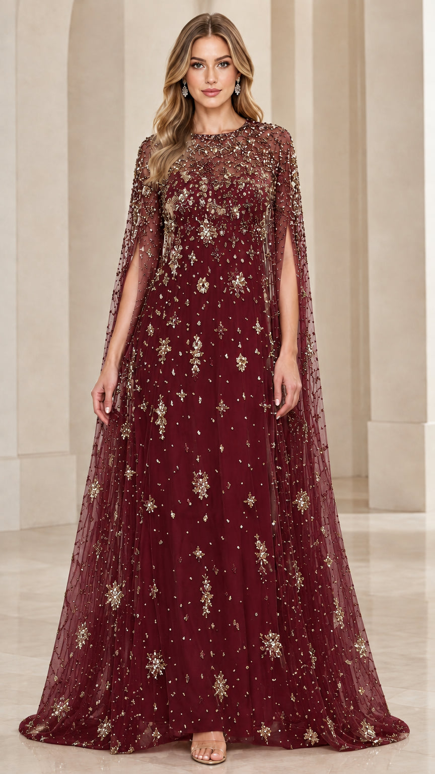 Burgundy wine red embellished cape evening gown with sparkling details
