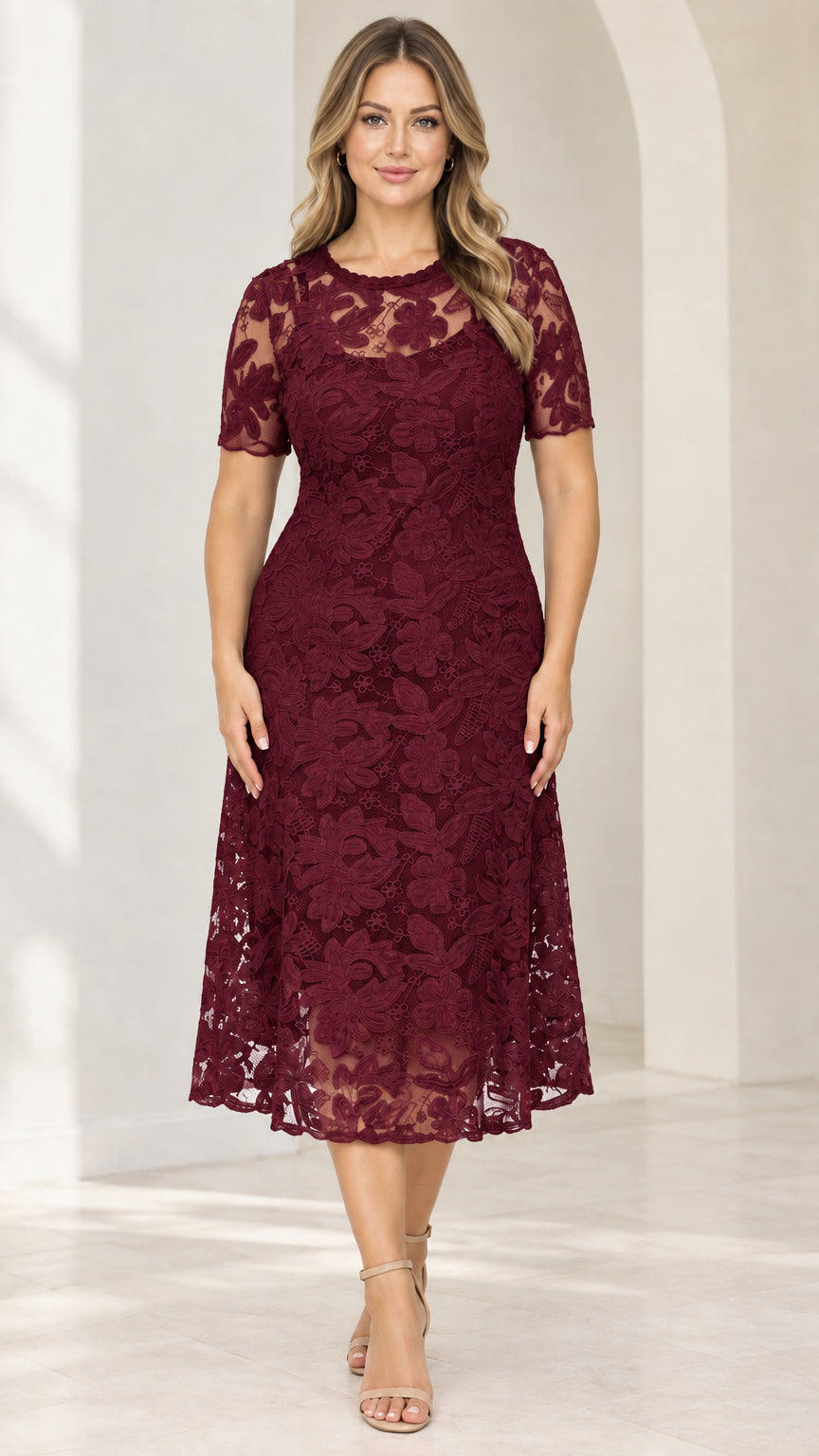 Front view of burgundy red floral lace short sleeve midi dress on model