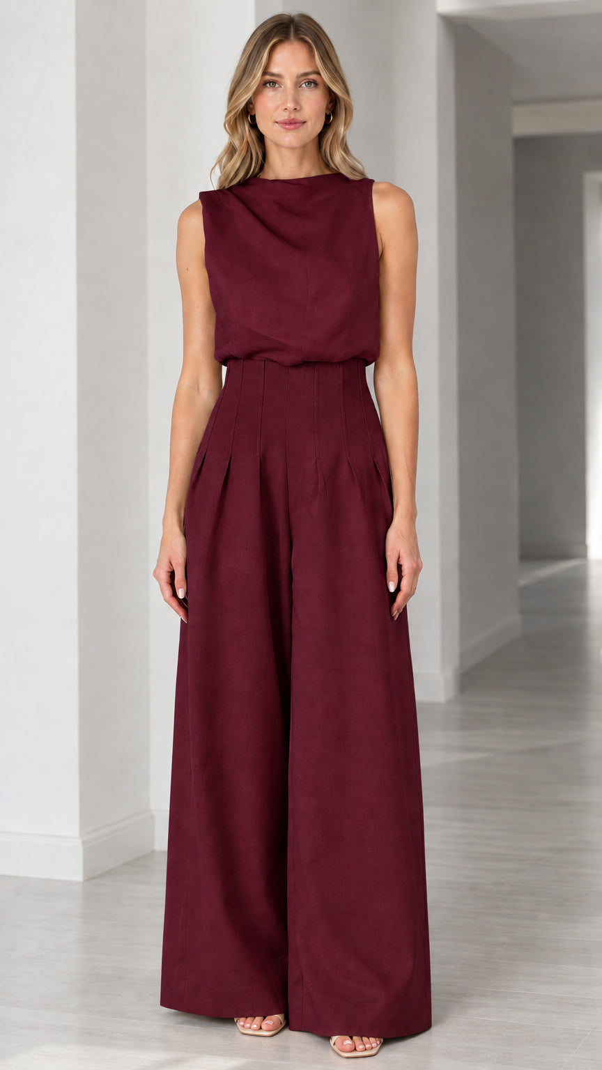 Full-length view of solid burgundy sleeveless wide-leg pleated jumpsuit