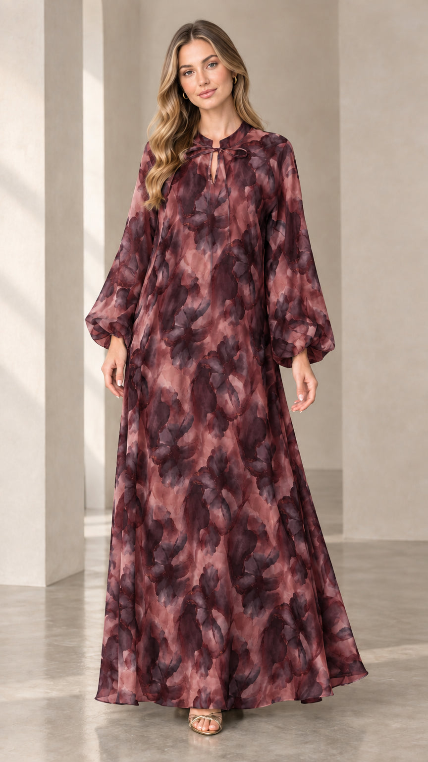 Front view of woman wearing wine red watercolor floral maxi dress