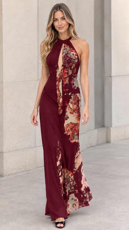 Burgundy wine red halter backless maxi dress with floral panel