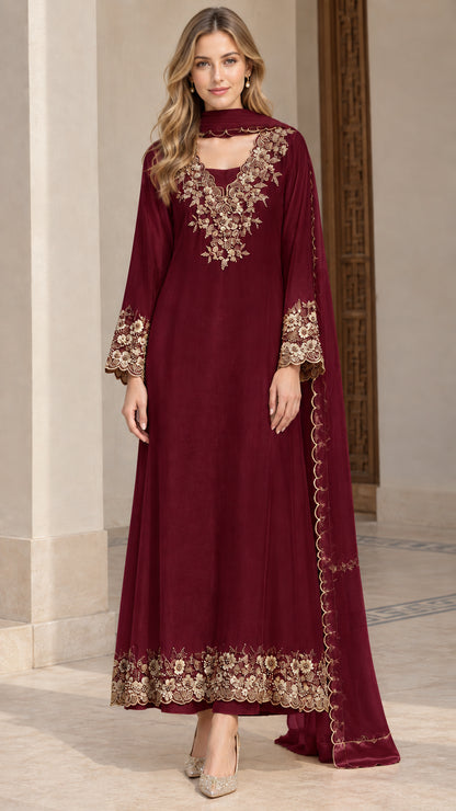 Front view of deep burgundy wine embroidered three-piece ethnic dress set