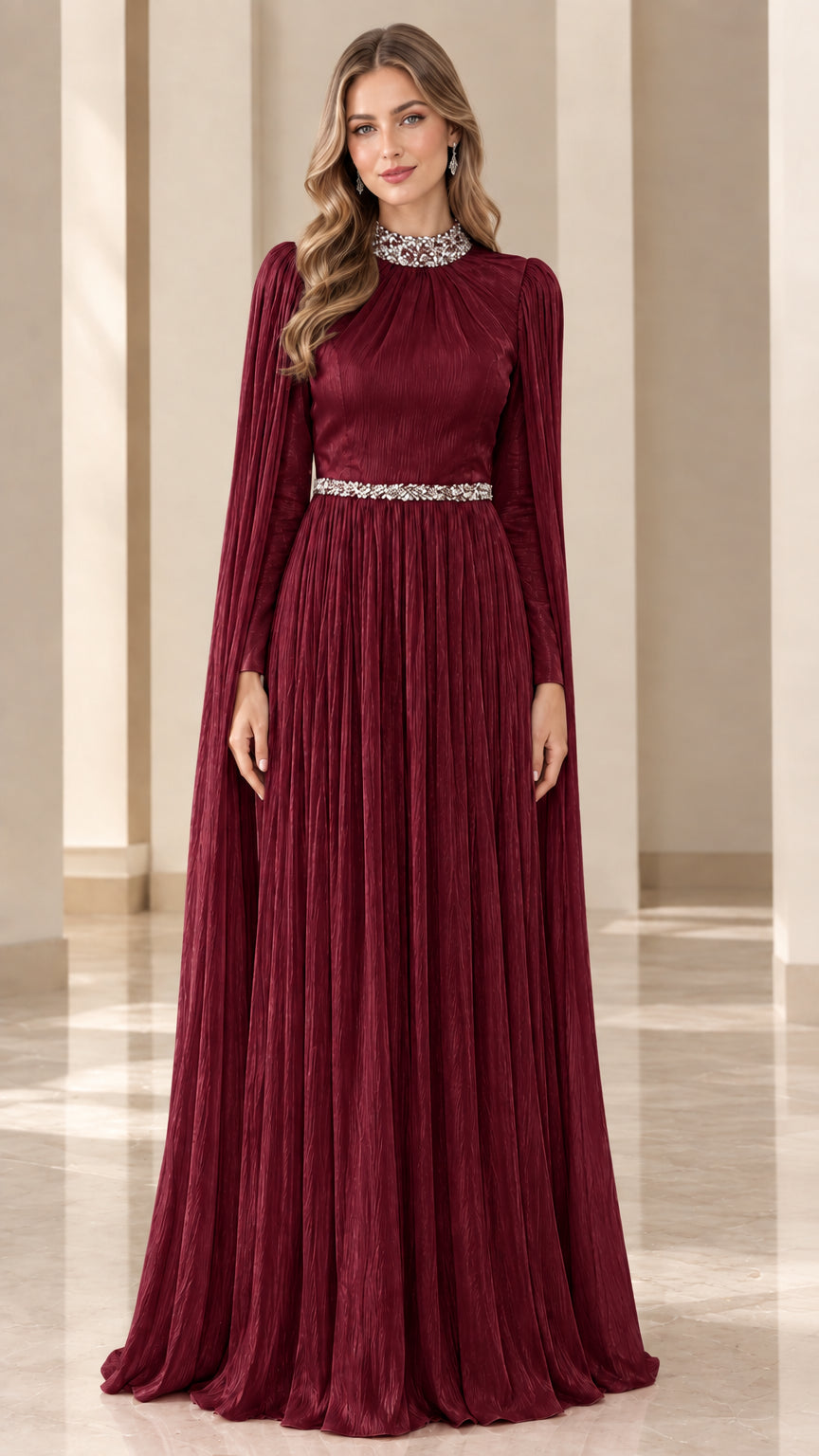 Front view of burgundy wine pleated evening dress with rhinestone mock neckline