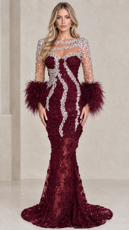 Burgundy wine red crystal embellished mermaid formal dress