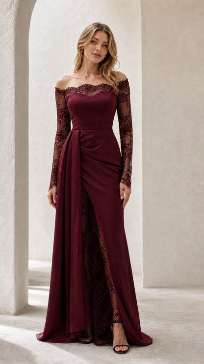 Burgundy wine red off-the-shoulder lace evening gown with draped skirt
