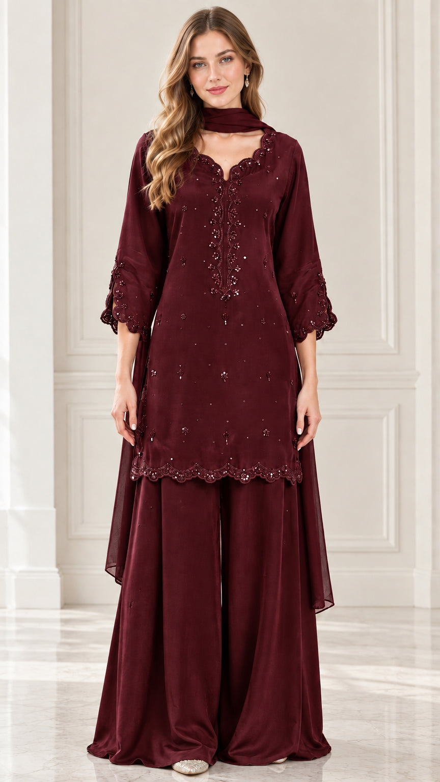 Full-length front view of burgundy maroon embroidered kurti and wide-leg trousers suit set