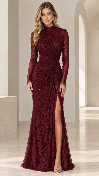 Front view of burgundy red mock neck ruched maxi evening dress with slit