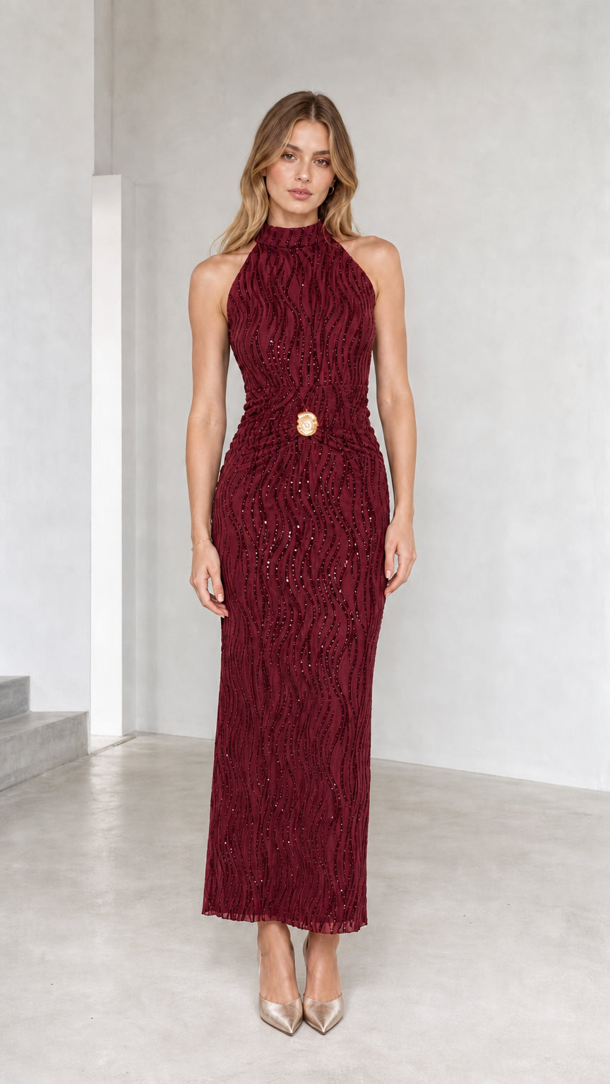 Burgundy wine red high neck textured sleeveless maxi dress on model