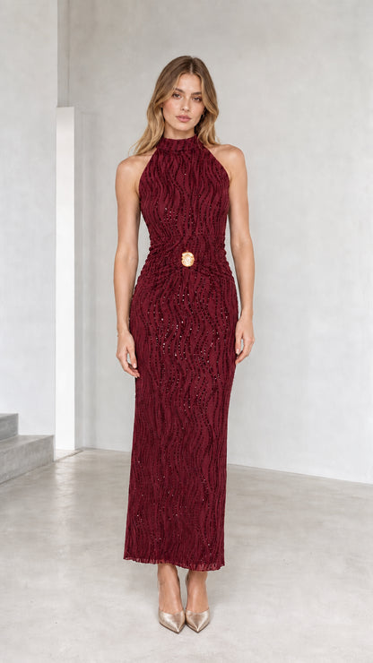 Burgundy wine red high neck textured sleeveless maxi dress on model