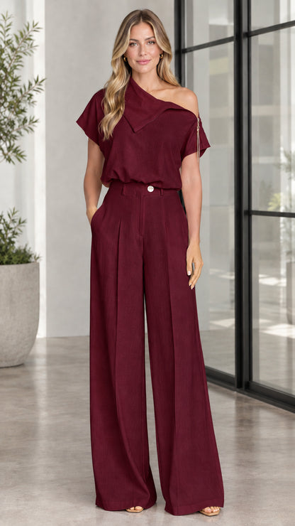 Burgundy two-piece formal top and wide-leg pant set