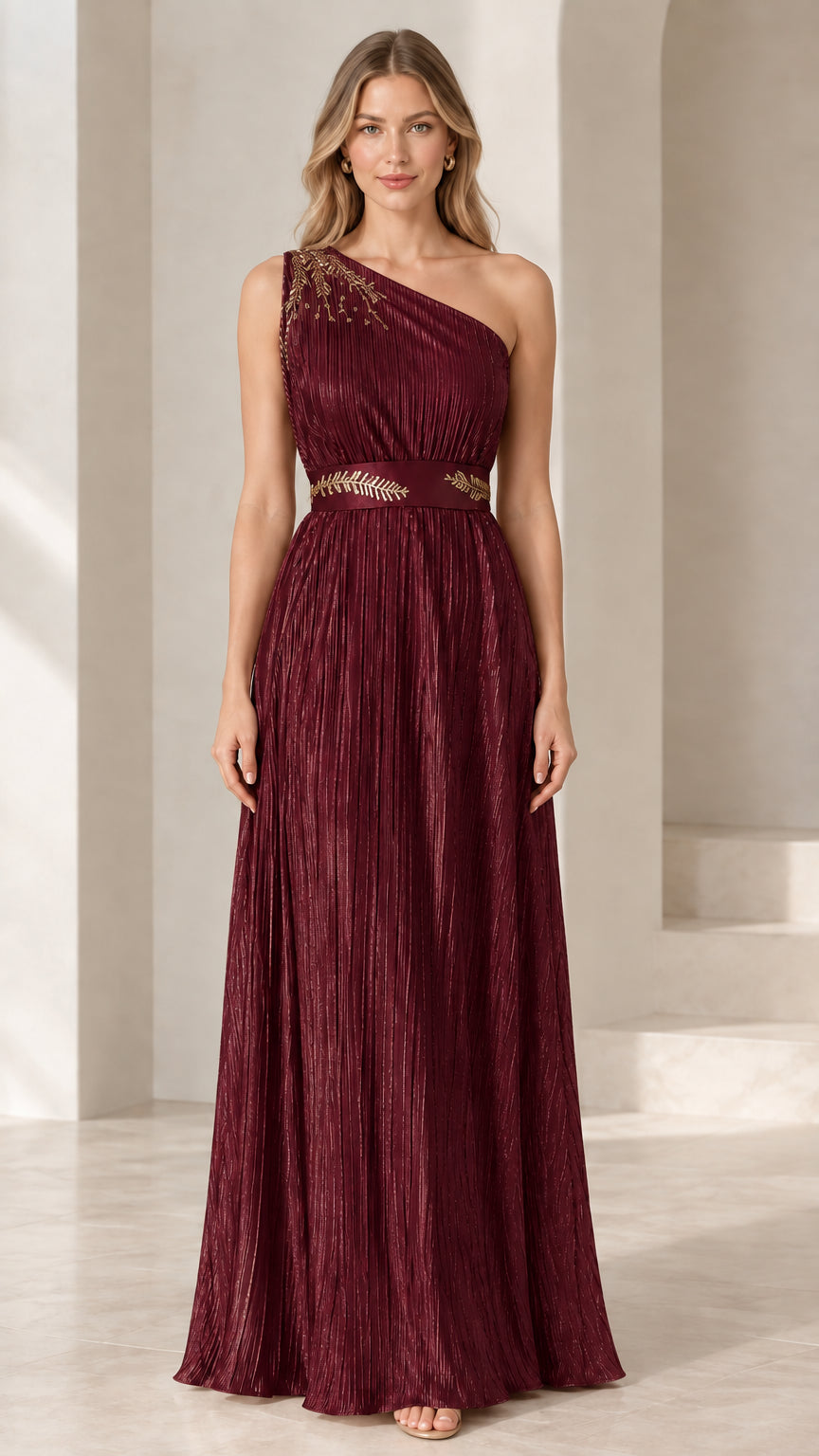 Front view of model wearing Burgundy one-shoulder pleated evening gown