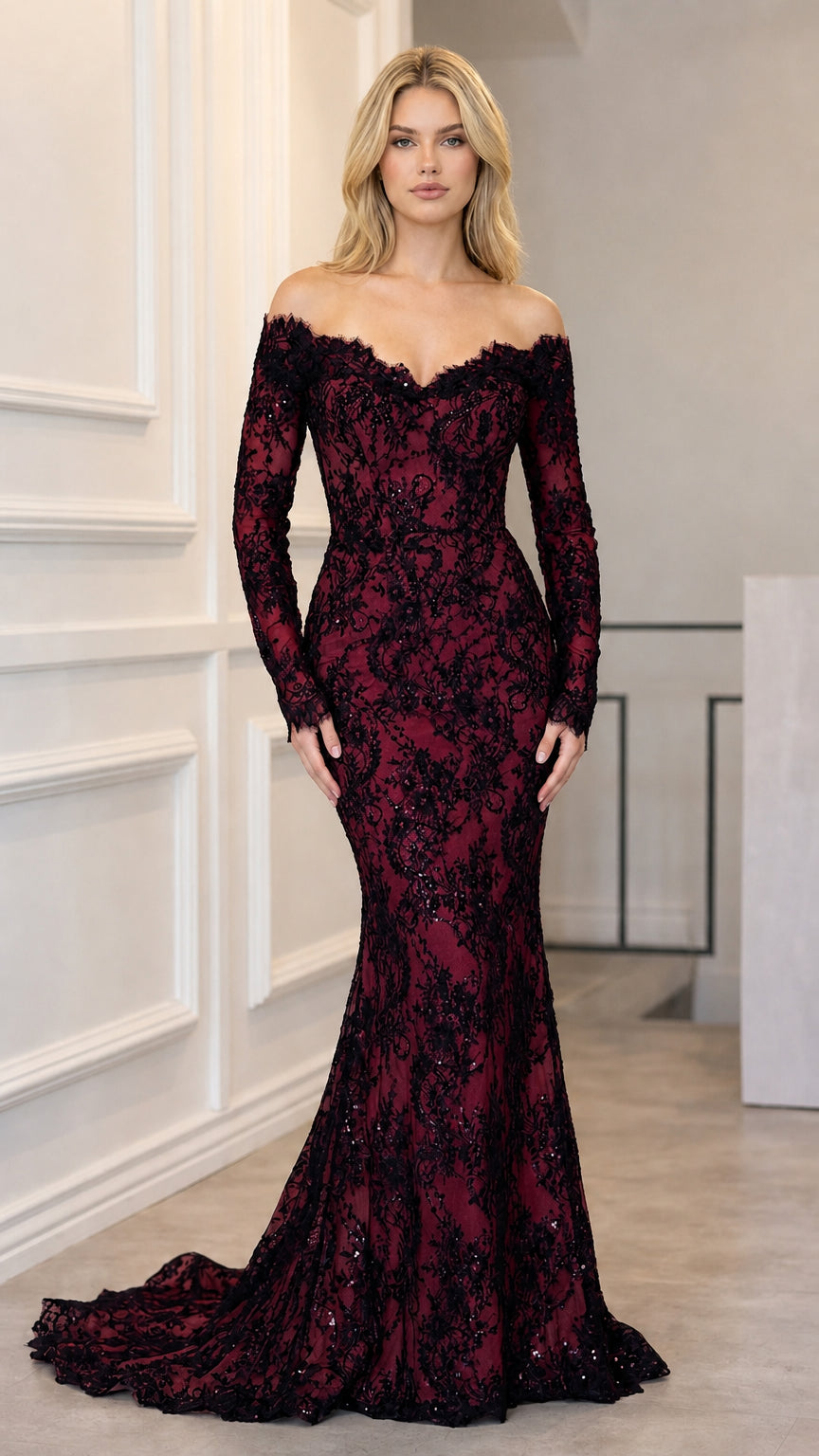 Off-shoulder black sequin lace evening gown with burgundy lining