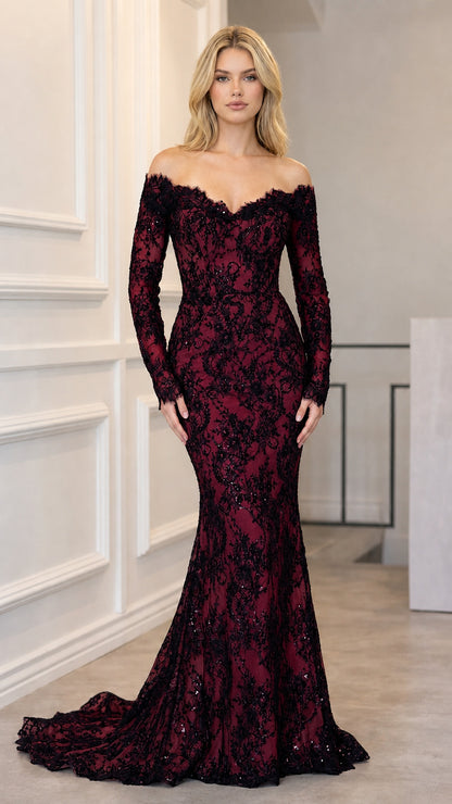 Off-shoulder black sequin lace evening gown with burgundy lining