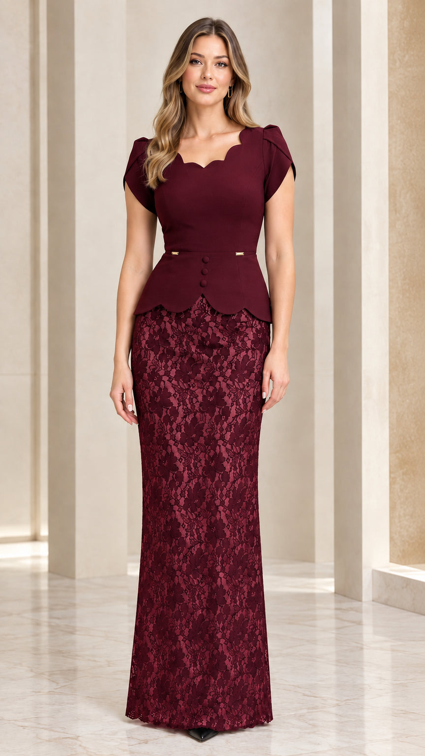 Burgundy wine scalloped peplum lace floor-length formal gown