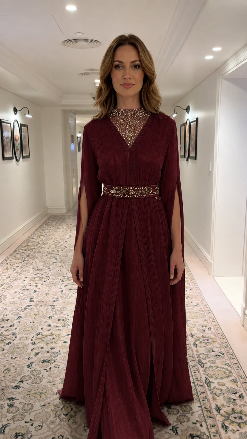 Burgundy wine red pleated cape evening gown with beaded illusion neckline