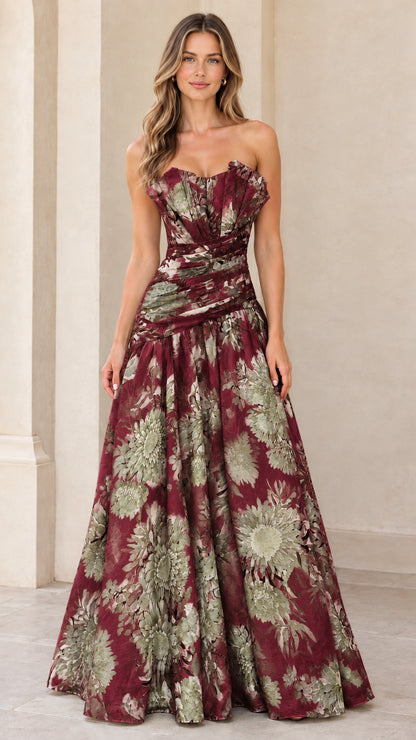 Full-length burgundy wine floral strapless formal evening ballgown