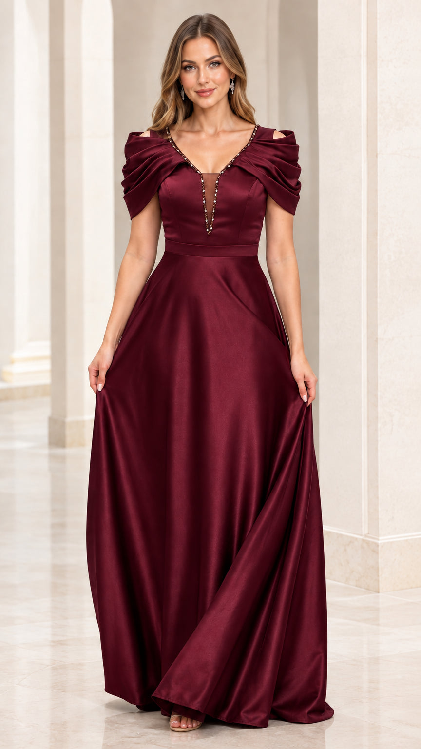 Front view of model wearing Burgundy beaded V-neck formal satin dress