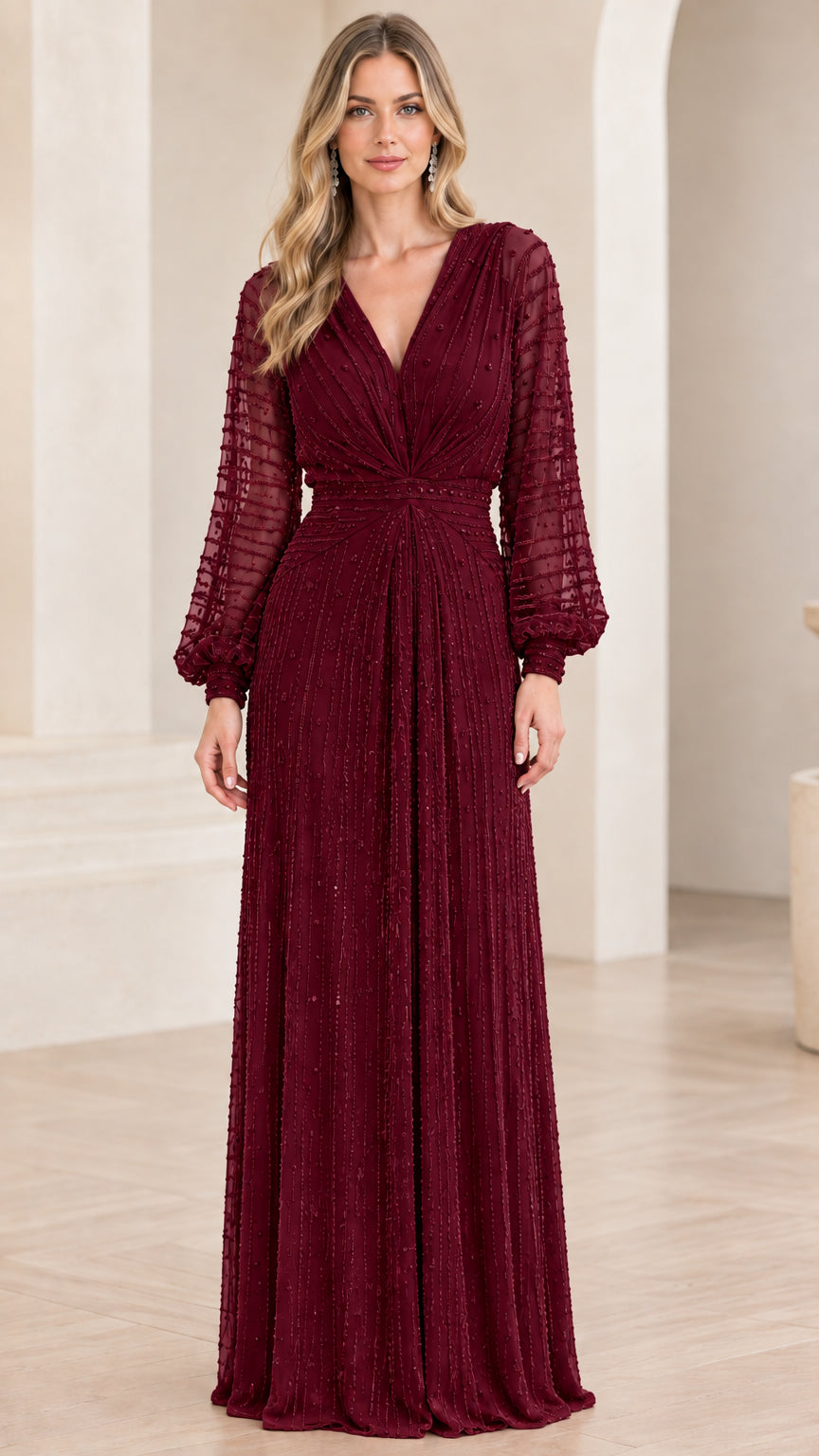 Front view of burgundy red V-neck long sleeve evening gown