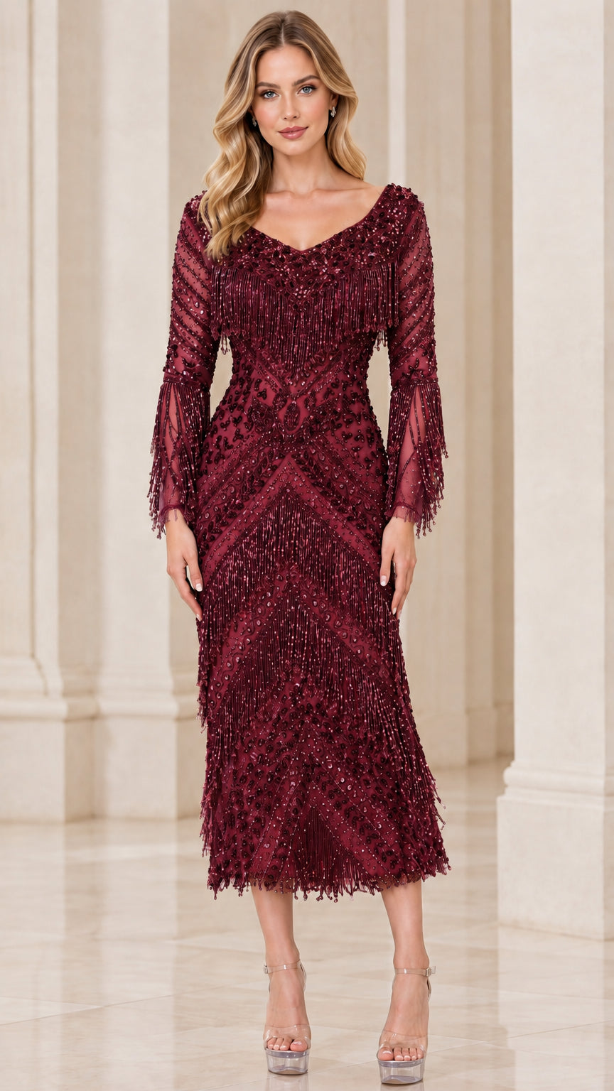 Burgundy wine beaded and sequined fringe formal midi dress