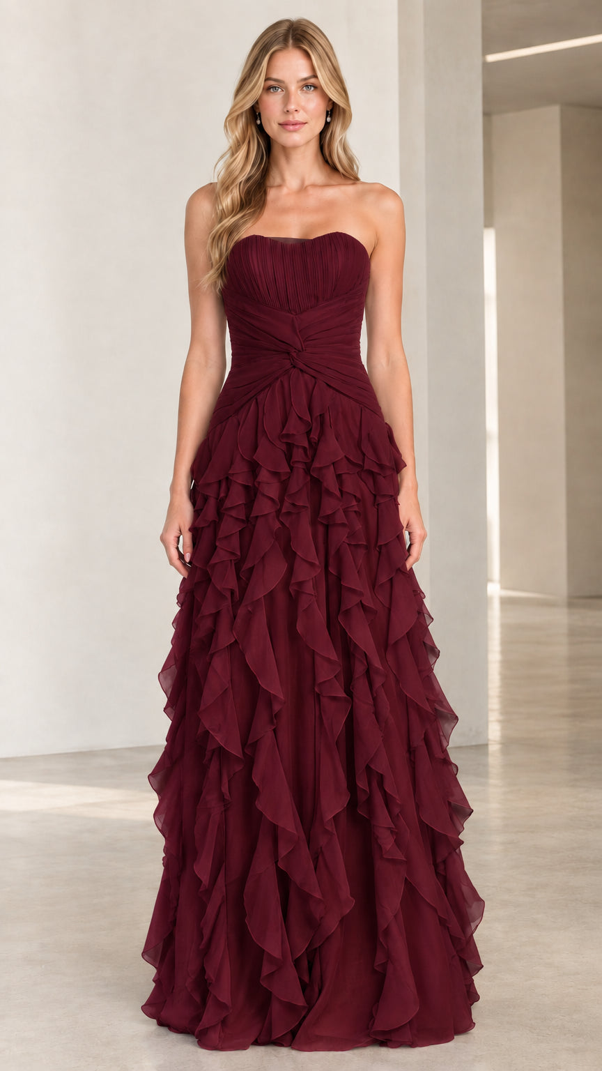 Full-length front view of burgundy red strapless tiered ruffle evening gown