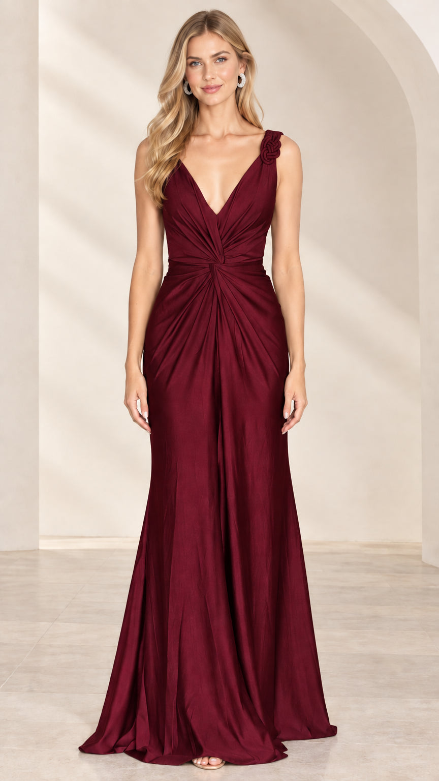 Model wearing Burgundy wine red V-neck ruched satin evening gown