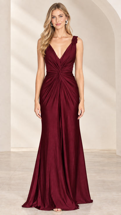 Model wearing Burgundy wine red V-neck ruched satin evening gown