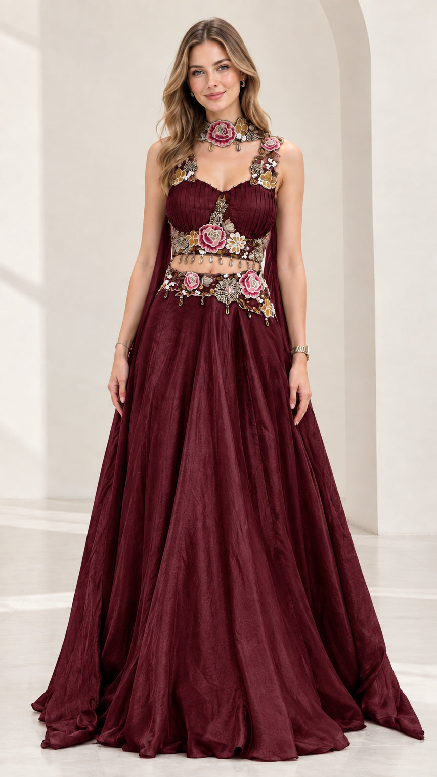 Burgundy wine red embroidered two-piece evening set with sweetheart neckline