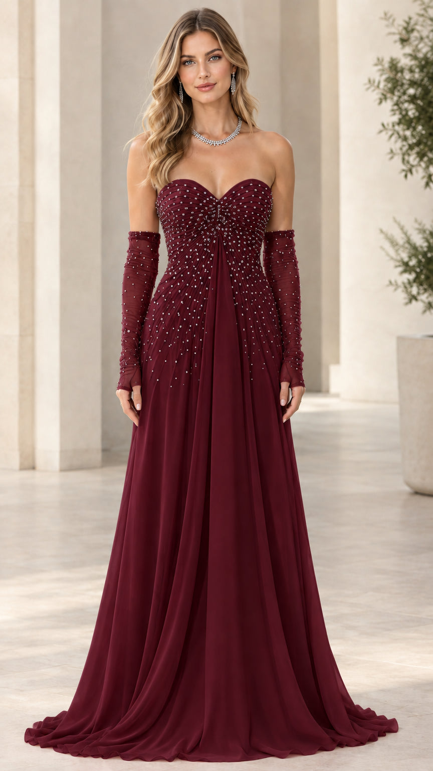 Model wearing Burgundy red strapless beaded evening gown with gloves