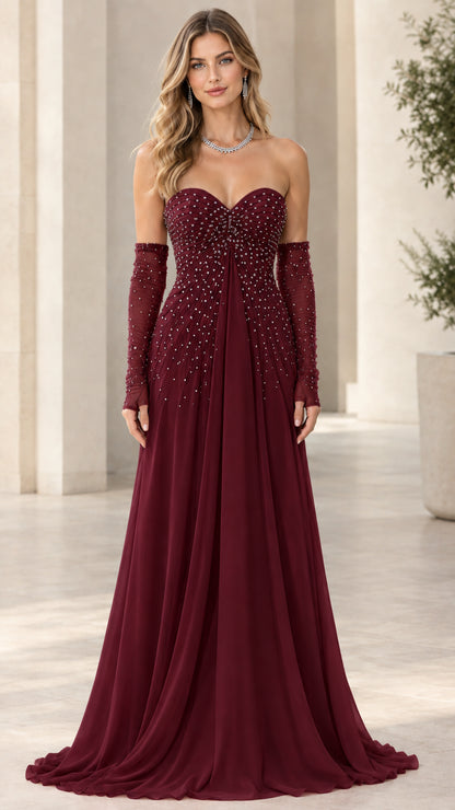 Model wearing Burgundy red strapless beaded evening gown with gloves