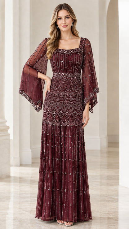 Burgundy wine beaded floor-length formal gown
