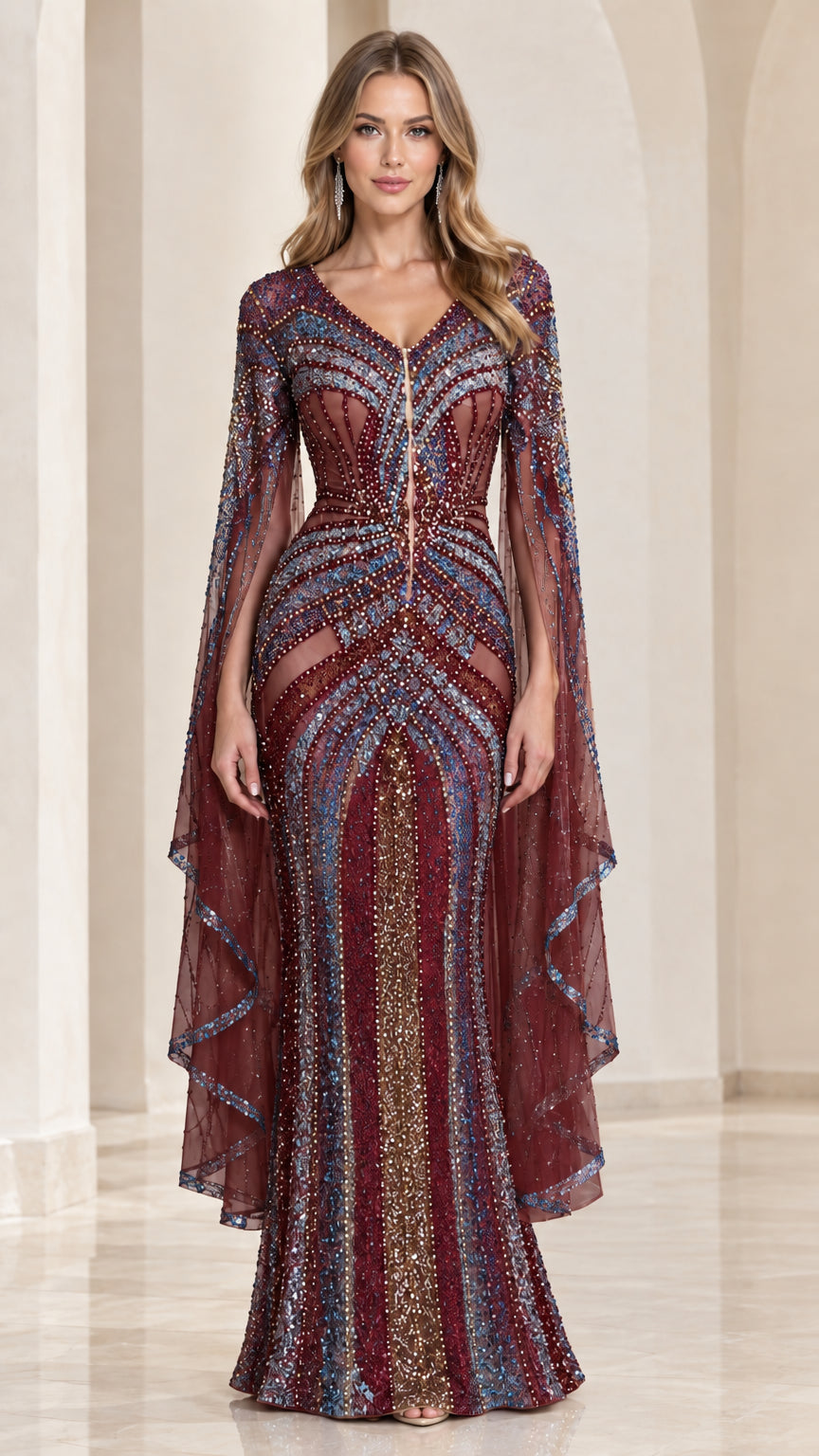 Burgundy wine beaded mermaid gown with flowing cape sleeves on model