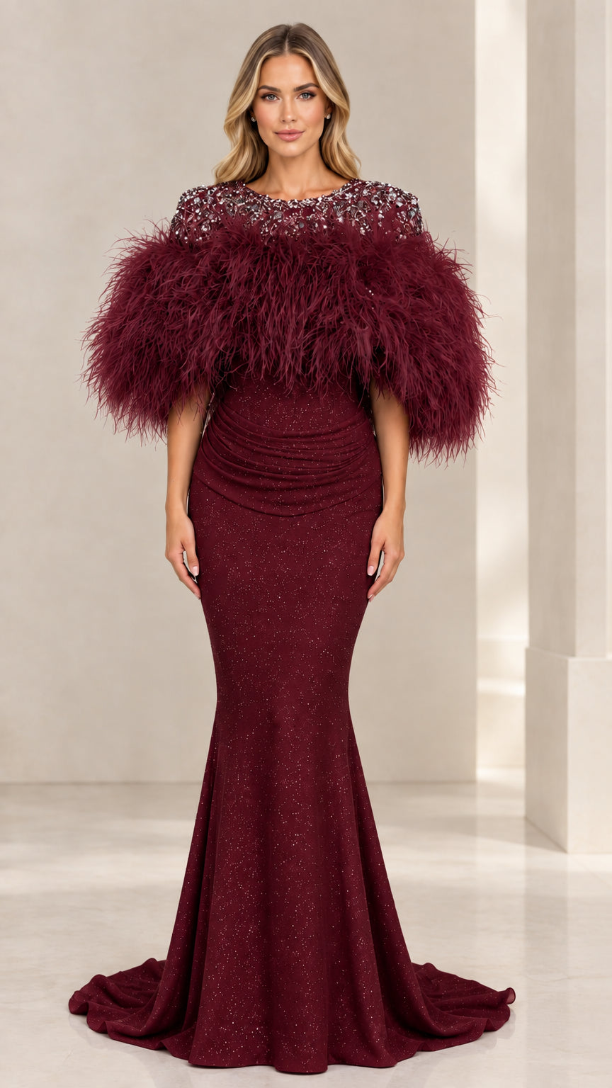 Burgundy wine red sequin and feather trim mermaid evening dress