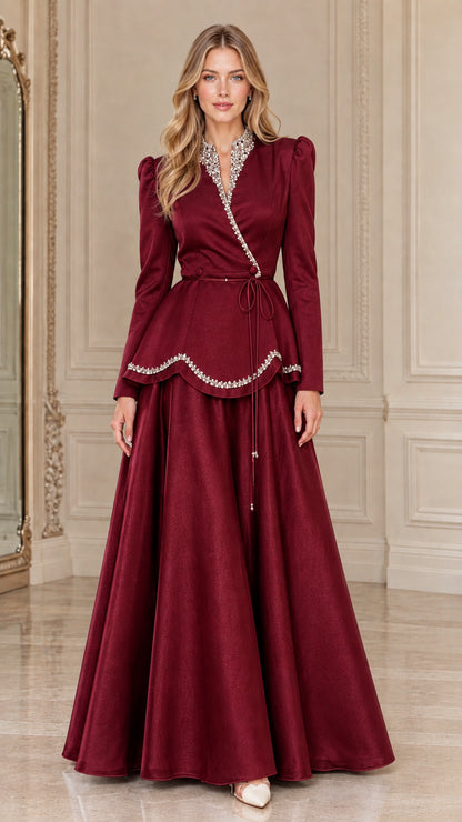 Full-length front view of Burgundy red formal long sleeve peplum dress