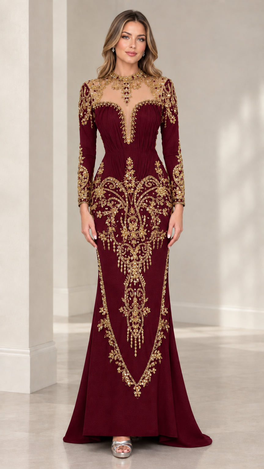 Burgundy wine red formal mermaid gown with gold crystal and bead embellishments