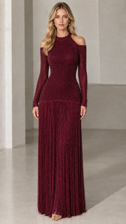 Burgundy wine cold shoulder beaded fringe formal evening gown