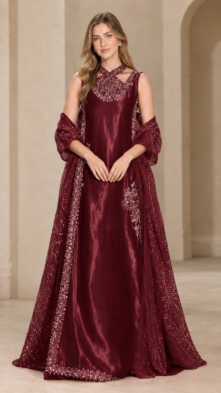 Full-length view of burgundy satin formal dress with beaded embellishments and wrap