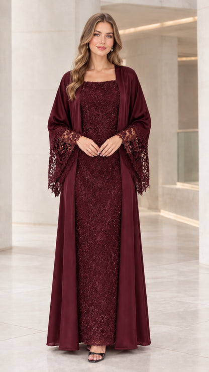 Burgundy wine red lace evening gown with matching satin duster jacket