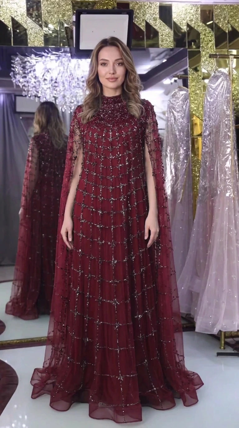 Burgundy wine beaded floor length cape sleeve evening gown
