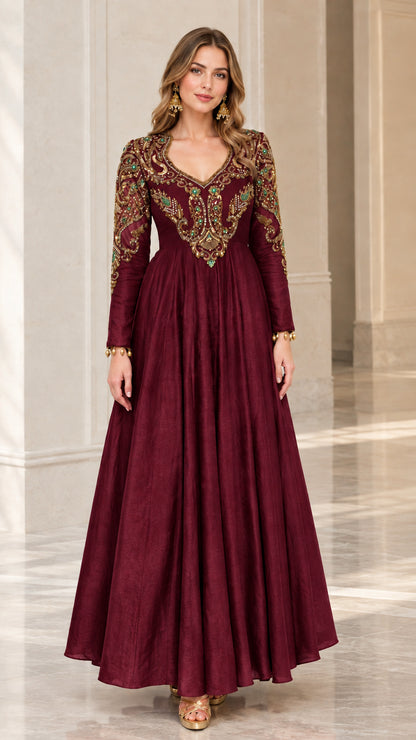 Full-length view of woman in a Burgundy Wine embroidered long sleeve evening maxi dress