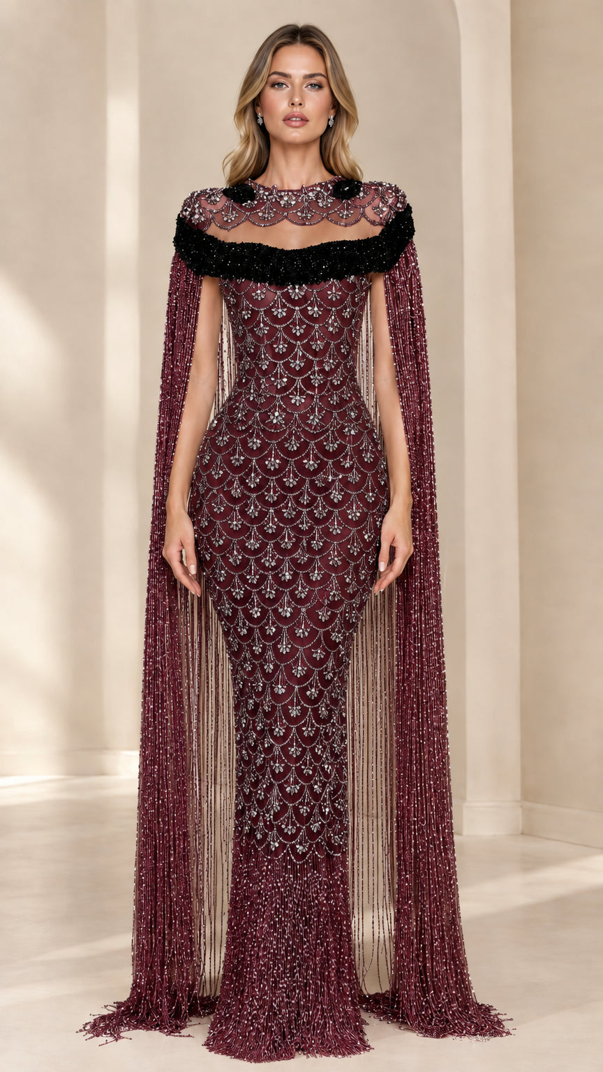 Front view of Burgundy Embellished Fringe Cape Evening Gown