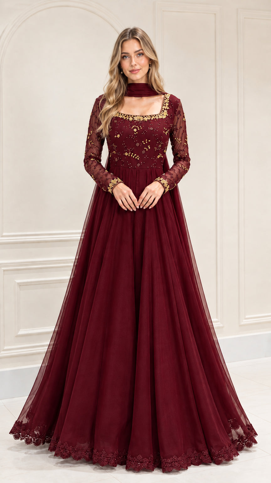 Burgundy wine embroidered long sleeve A-line evening maxi gown