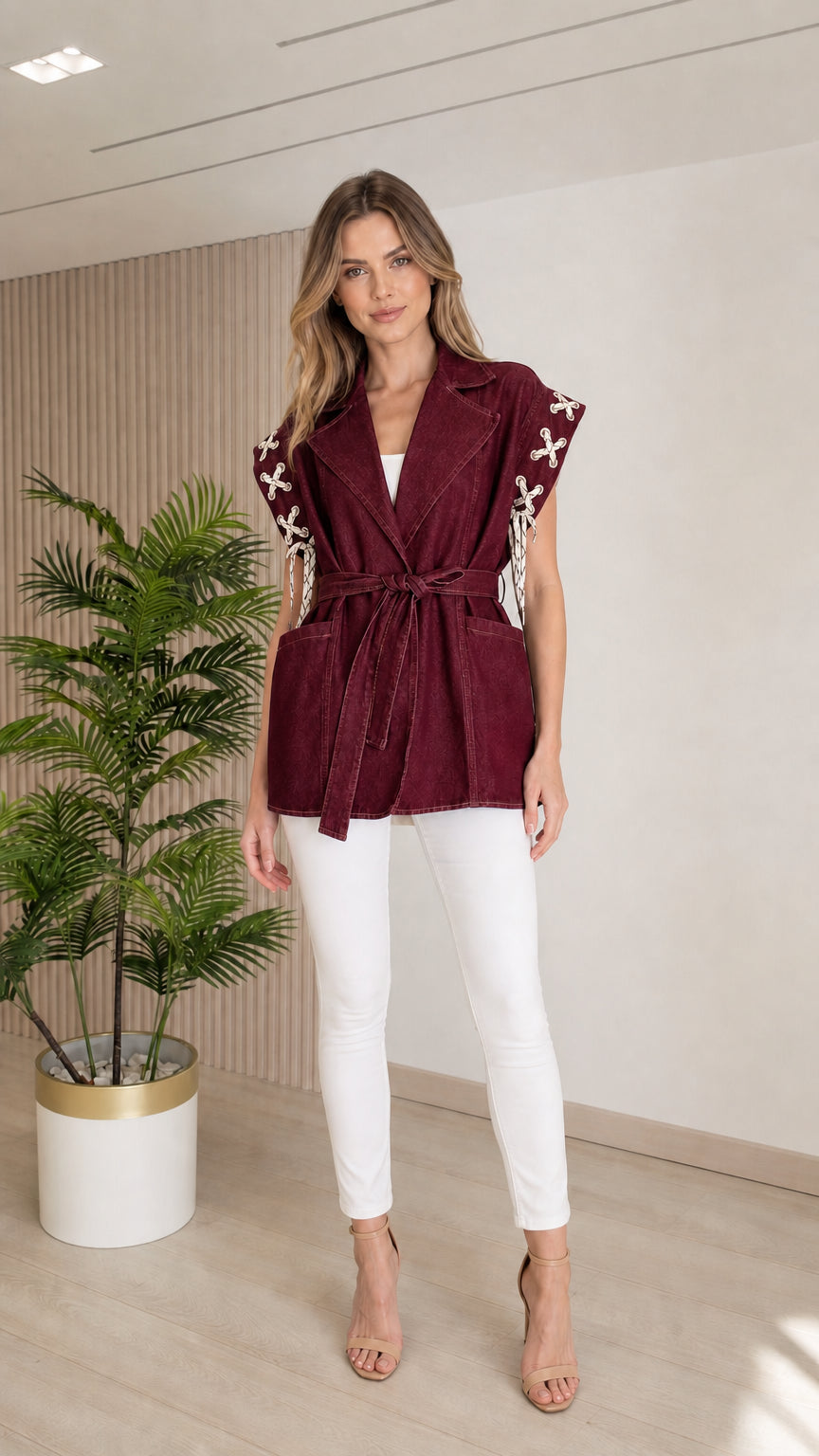 Model wearing the Burgundy wine red belted sleeveless denim vest