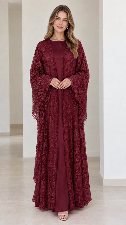 Full-length front view of burgundy wine red floral lace formal maxi gown set