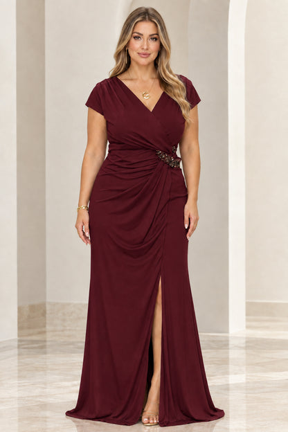 Burgundy wine short-sleeve draped evening gown with beaded waist accent