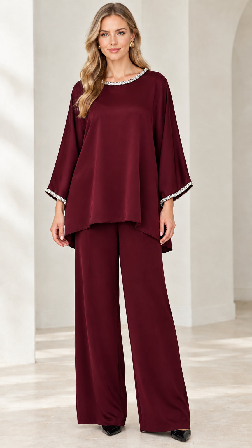 Burgundy two-piece evening set with crystal trim details