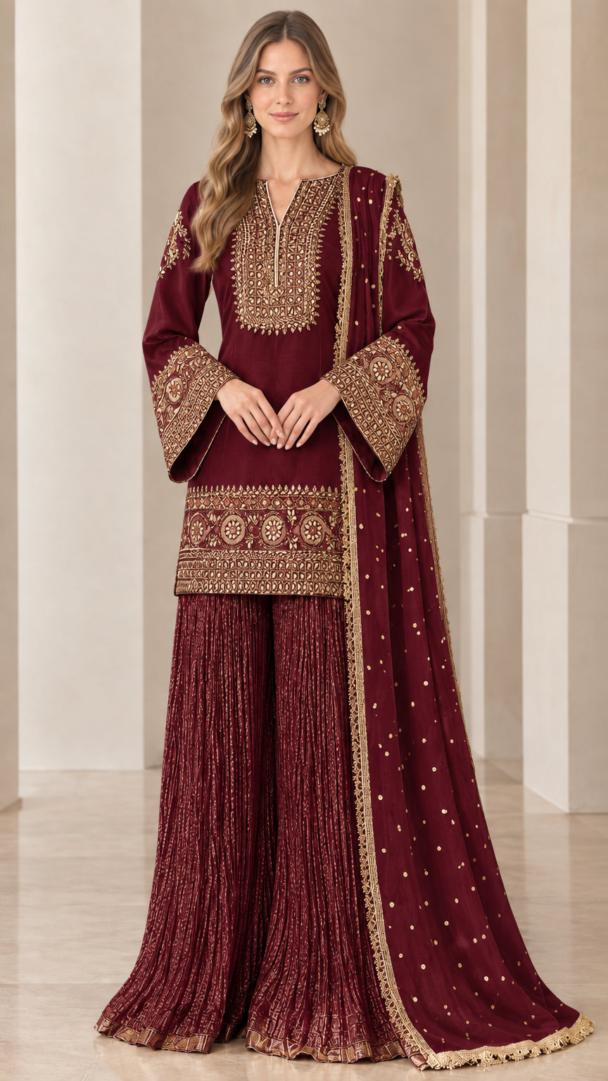Burgundy wine embroidered kurti tunic and pleated sharara pants set