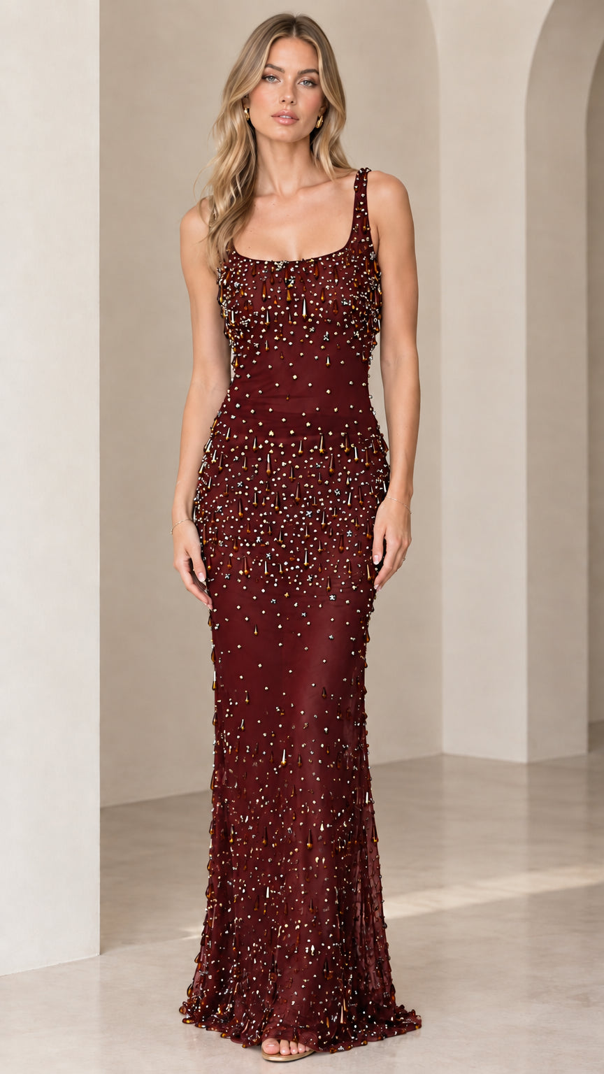 Burgundy wine red square neck beaded sleeveless formal maxi dress