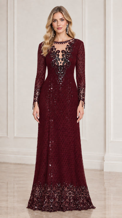 Burgundy long sleeve sequin embroidered lace floor-length formal gown