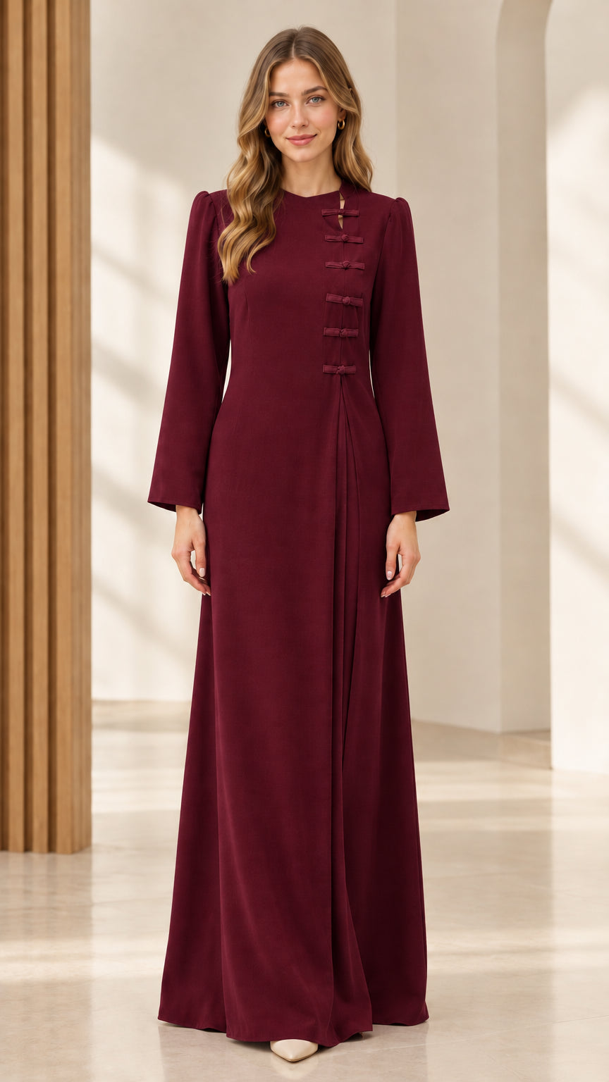 Front view of burgundy red elegant pleated maxi dress