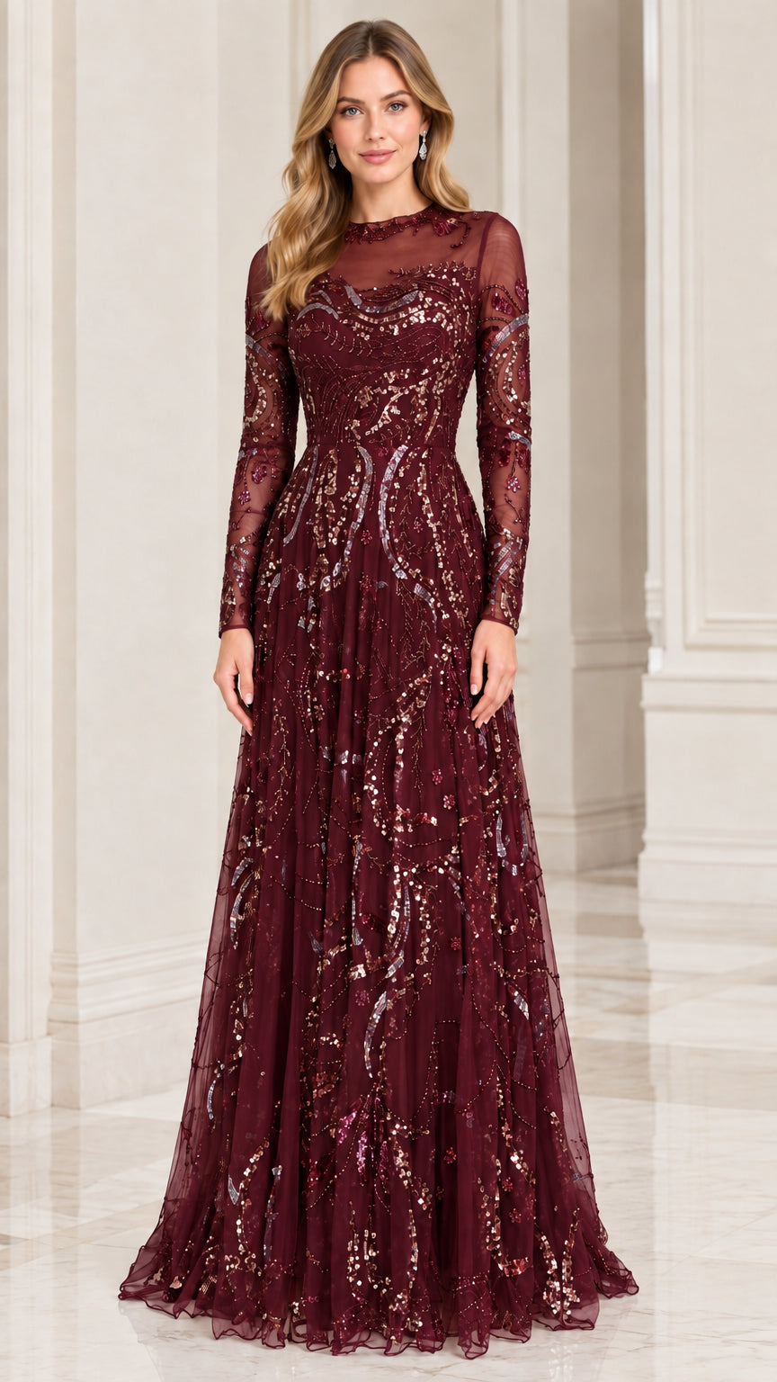 Burgundy wine red sequin long sleeve evening gown front view